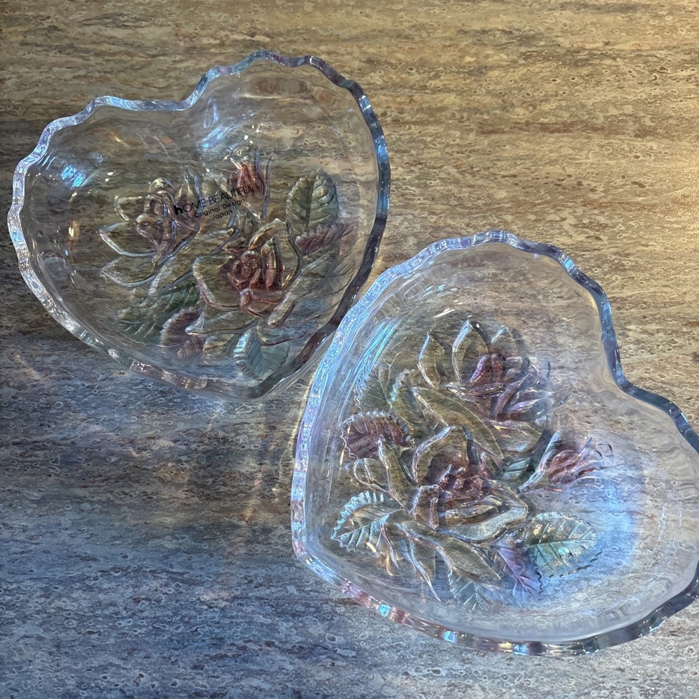 VTG Home Beautiful Etched Glass Heart Dish Rose Flowers Original Design Japan